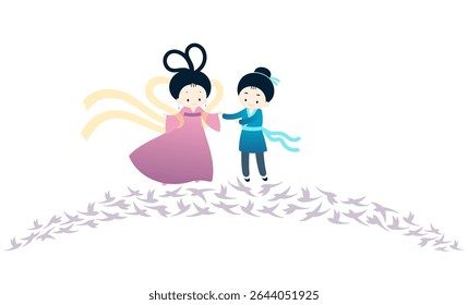 Festival Qixi, encontro de amantes de Tanabata na ilustração de personagens kawaii da ponte magpie, vetor isolado. Desenhado à mão design de estilo plano bonito. Elemento tradicional chinês de férias. Dia dos Namorados da China