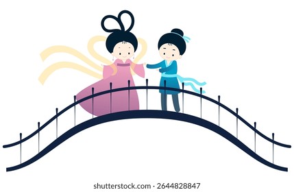 Festival Qixi, encontro de amantes de Tanabata na ilustração de personagens kawaii da ponte magpie, vetor isolado. Desenhado à mão design plano bonito. Elemento tradicional chinês de férias. Dia dos Namorados da China