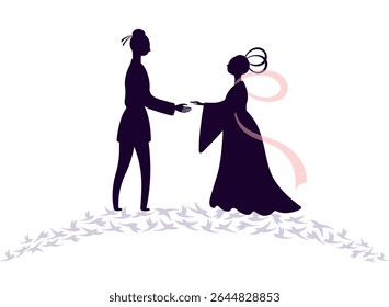 Festival Qixi, Encontro de amantes Tanabata na ilustração da silhueta da ponte magpie, vetor isolado. Desenho plano desenhado à mão. Elemento tradicional chinês de clip-art de férias. Dia dos Namorados da China