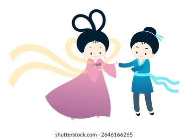 Festival Qixi, amantes de Tanabata encontrando ilustração de personagens kawaii, vetor isolado. Desenhado à mão design plano bonito. Chinês tradicional, elemento de clip-art de feriado japonês. Dia dos Namorados da China