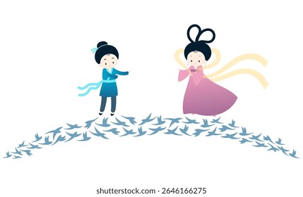 Festival Qixi, encontro de amantes de Tanabata na ilustração de personagens kawaii da ponte magpie, vetor isolado. Desenhado à mão design plano bonito. Elemento tradicional chinês de férias. Dia dos Namorados da China