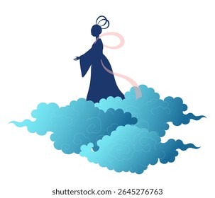 Qixi Festival, Tanabata weaver girl Orihime em nuvens macias silhueta ilustração, vetor isolado. Desenho plano desenhado à mão. Chinês tradicional, elemento de feriado japonês. Dia dos Namorados da China