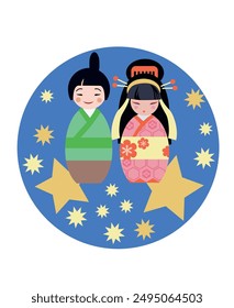 Qixi or Tanabata Festival. Stylized kokeshi cowherd and weaver. Qixi or Tanabata Festival. Cartoon cowherd and weaver against a background of stars in a circle in flat vector style.