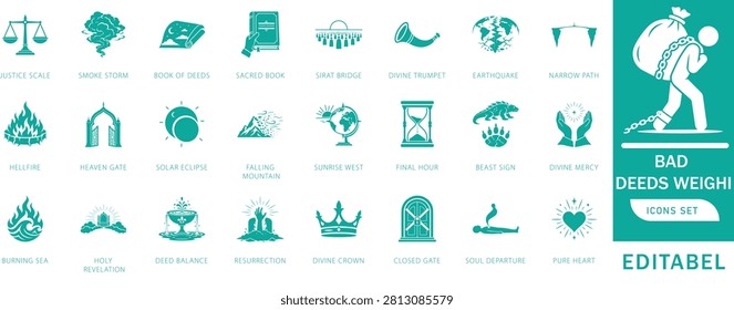 Qiyamah and Islamic Judgment Day Icon Set, with Resurrection, Trumpet, Deeds Scale, Hellfire, Eclipse, Earthquake and Final Hour Symbols