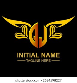 QJ Golden Wing Emblem Logo with elegant gold wings, sleek and modern design. Ideal for branding, creative projects, luxury businesses, or artistic ventures.