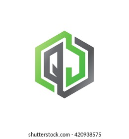 QJ initial letters looping linked hexagon logo black gray green
