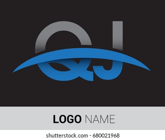 QJ initial logo company name colored grey and blue swoosh design.