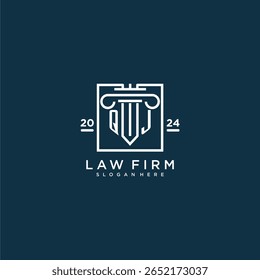 Logotipo do monograma inicial de QJ para escritório de advocacia com design de pilares em quadrado criativo