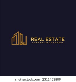 QJ initial monogram logo for real estate with building style