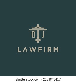 QJ initials monogram logo with scale and pillar style design