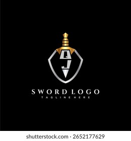Letra QJ monograma de luxo para escudo e espada estilo imagem