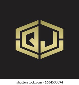 QJ Logo monogram with hexagon shape and piece line rounded design tamplate on gold colors