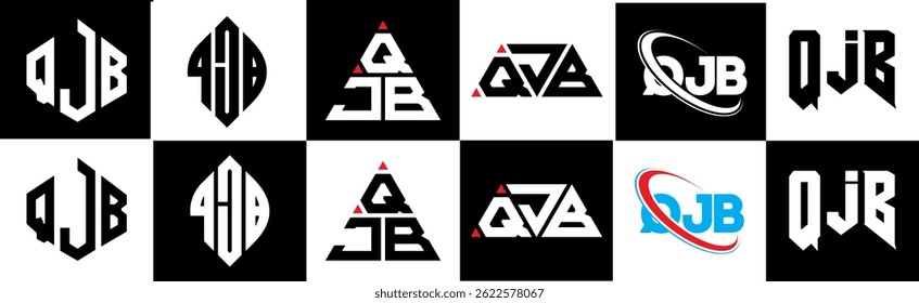 QJB letter logo design in six style. QJB polygon, circle, triangle, hexagon, flat and simple style with black and white color variation letter logo set in one artboard. QJB minimalist and classic logo