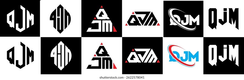 QJM letter logo design in six style. QJM polygon, circle, triangle, hexagon, flat and simple style with black and white color variation letter logo set in one artboard. QJM minimalist and classic logo