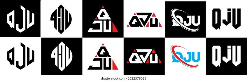 QJU letter logo design in six style. QJU polygon, circle, triangle, hexagon, flat and simple style with black and white color variation letter logo set in one artboard. QJU minimalist and classic logo