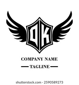 QK bold shield logo with wings, customizable with letters A to Z. Perfect for brands seeking a powerful symbol of strength, freedom, and ambition