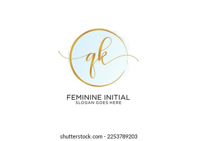 QK handwriting logo with circle template vector signature, wedding, fashion, floral and botanical with creative template.