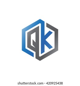 QK initial letters looping linked hexagon logo black gray blue