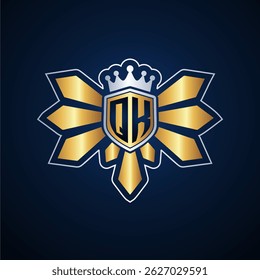 QK initial letters monogram logo for gaming with shield and eagle wing