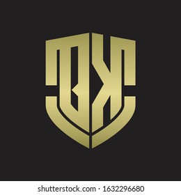 QK Logo monogram with emblem shield shape design isolated gold colors on black background