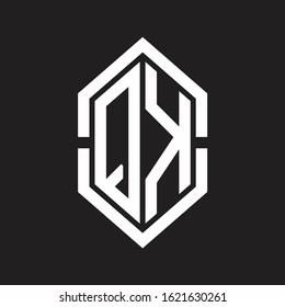 QK Logo monogram with hexagon shape and outline slice style with black and white