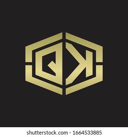 QK Logo monogram with hexagon shape and piece line rounded design tamplate on gold colors