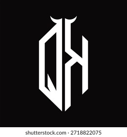QK Logo monogram with horn shape isolated black and white design template on black background