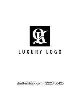 QK monogram vector logo. Serif letters logo within a black box. Logo for company, media, fashion, luxury product, brand, and business.