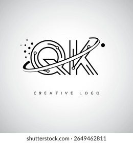 Logotipo de Monograma de Órbita QK - Marca de Letra Mínima Futurista com Linha de Arte Circular, Pontos Inspirados na Tecnologia e Conceito de Movimento Espacial para Identidade de Marca Moderna