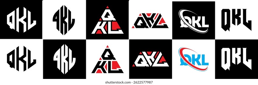 QKL letter logo design in six style. QKL polygon, circle, triangle, hexagon, flat and simple style with black and white color variation letter logo set in one artboard. QKL minimalist and classic logo