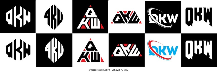 QKW letter logo design in six style. QKW polygon, circle, triangle, hexagon, flat and simple style with black and white color variation letter logo set in one artboard. QKW minimalist and classic logo