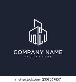 QL initial monogram logo for real estate with building style