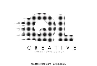 QL Q L Letter Logo Design with Black Dots and Bubble Trails.