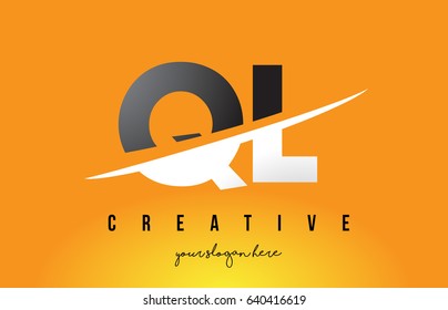 QL Q L Letter Modern Logo Design with Swoosh Cutting the Middle Letters and Yellow Background.