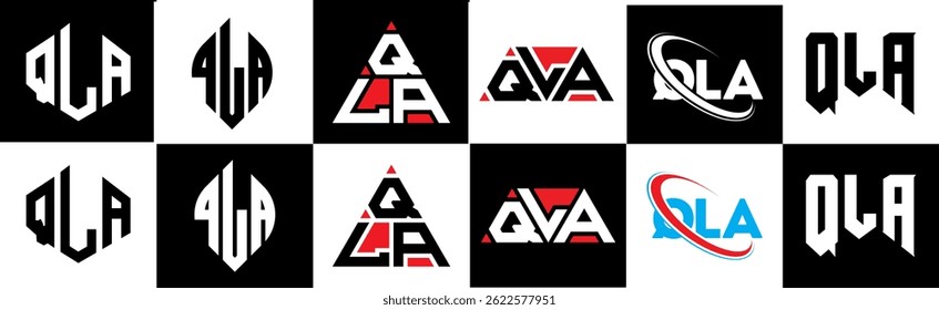 QLA letter logo design in six style. QLA polygon, circle, triangle, hexagon, flat and simple style with black and white color variation letter logo set in one artboard. QLA minimalist and classic logo