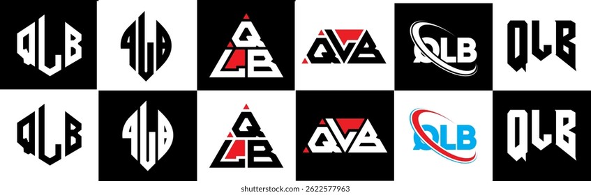 QLB letter logo design in six style. QLB polygon, circle, triangle, hexagon, flat and simple style with black and white color variation letter logo set in one artboard. QLB minimalist and classic logo