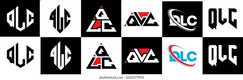 Projeto de logotipo de letra QLC em seis estilo. Polígono QLC, círculo, triângulo, hexágono, estilo simples e plano com logotipo de letra de variação de cor preto e branco definido em uma prancheta. Logotipo minimalista e clássico de QLC