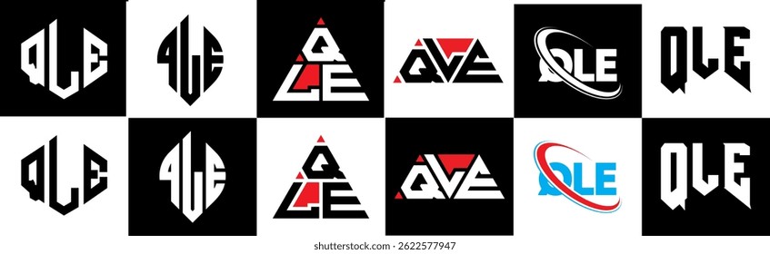 Projeto do logotipo da carta QLE em seis estilo. Polígono QLE, círculo, triângulo, hexágono, estilo simples e plano com logotipo de letra de variação de cor preto e branco definido em uma prancheta. Logotipo minimalista e clássico QLE