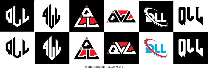 QLL letter logo design in six style. QLL polygon, circle, triangle, hexagon, flat and simple style with black and white color variation letter logo set in one artboard. QLL minimalist and classic logo