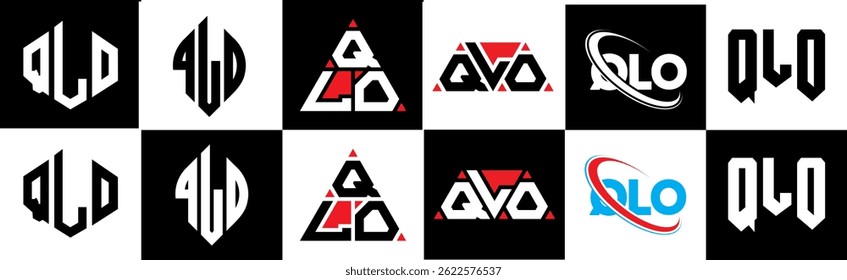 QLO letter logo design in six style. QLO polygon, circle, triangle, hexagon, flat and simple style with black and white color variation letter logo set in one artboard. QLO minimalist and classic logo