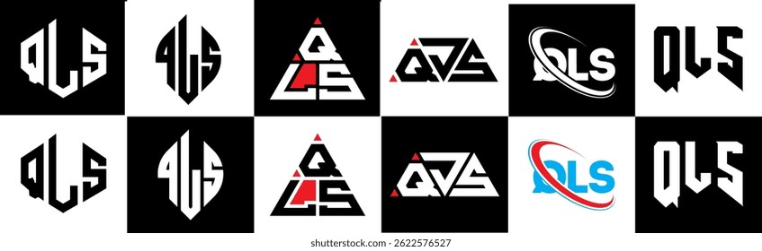QLS letter logo design in six style. QLS polygon, circle, triangle, hexagon, flat and simple style with black and white color variation letter logo set in one artboard. QLS minimalist and classic logo