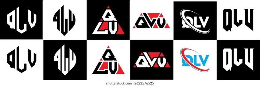 QLV letter logo design in six style. QLV polygon, circle, triangle, hexagon, flat and simple style with black and white color variation letter logo set in one artboard. QLV minimalist and classic logo