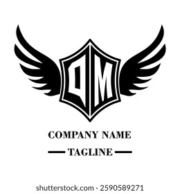 QM bold shield logo with wings, customizable with letters A to Z. Perfect for brands seeking a powerful symbol of strength, freedom, and ambition
