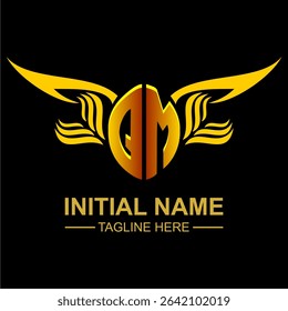 QM Golden Wing Emblem Logo with elegant gold wings, sleek and modern design. Ideal for branding, creative projects, luxury businesses, or artistic ventures.