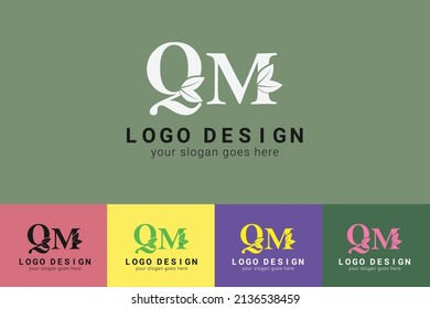 QM letters eco logo with leaf. Vector typeface for nature posters, eco friendly emblem, vegan identity, herbal and botanical cards etc. Ecology QM letters logo with leaf.
