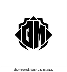 Monograma del logotipo QM con línea de protección y plantilla de diseño de 3 flechas sobre fondo blanco