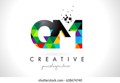 QM Q M Letter Logo with Colorful Vivid Triangles Texture Design Vector Illustration.