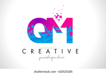 QM Q M Letter Logo with Broken Shattered Blue Pink Triangles Texture Design Vector Illustration.