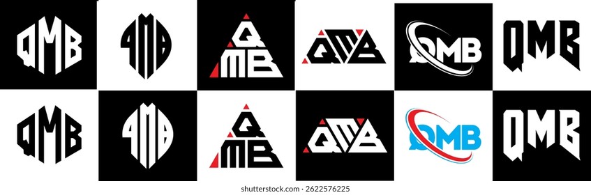 QMB letter logo design in six style. QMB polygon, circle, triangle, hexagon, flat and simple style with black and white color variation letter logo set in one artboard. QMB minimalist and classic logo
