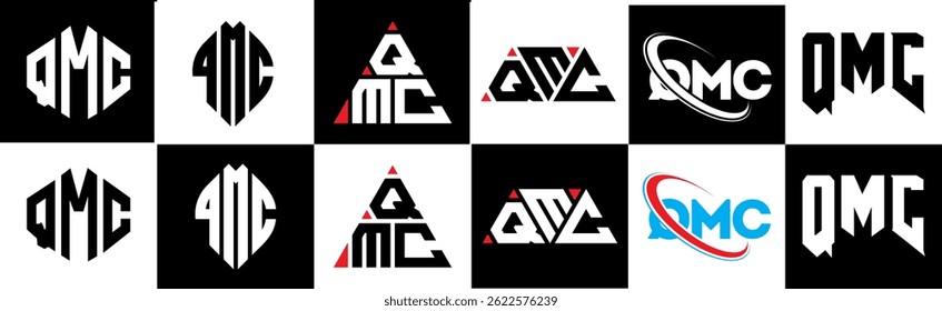 QMC carta logotipo design em seis estilo. Polígono QMC, círculo, triângulo, hexágono, estilo simples e plano com logotipo de letra de variação de cor preta e branca definido em uma prancheta. QMC minimalista e logotipo clássico